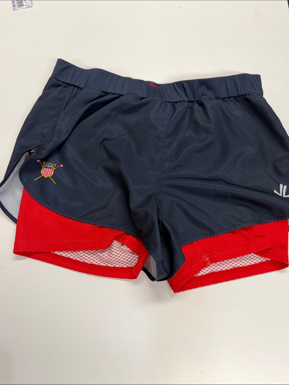 JL RacingWild Oar Crew size L Navy and Red Athletic Rowing Shorts with USA Crest